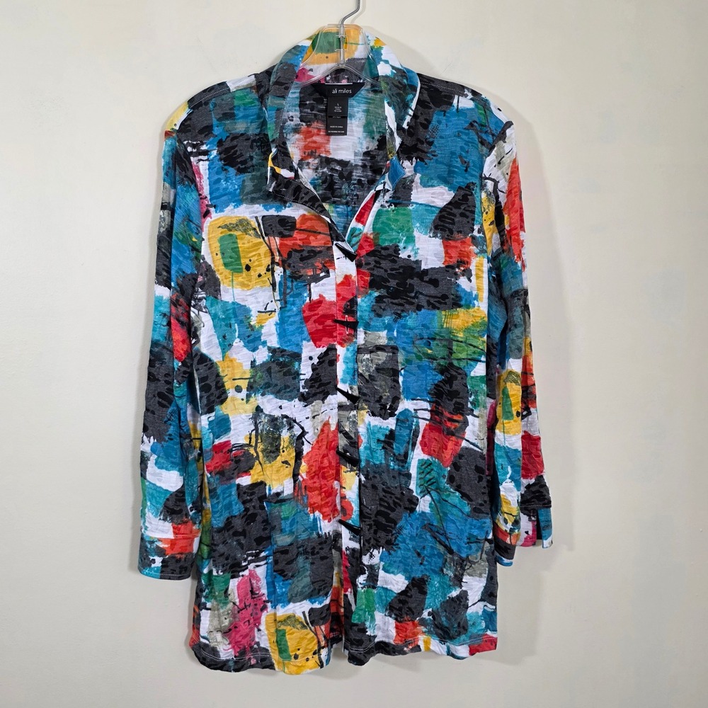Ali Miles Womens Shirt Abstract Paint Print Toggle Button Slub Knit Top Size L